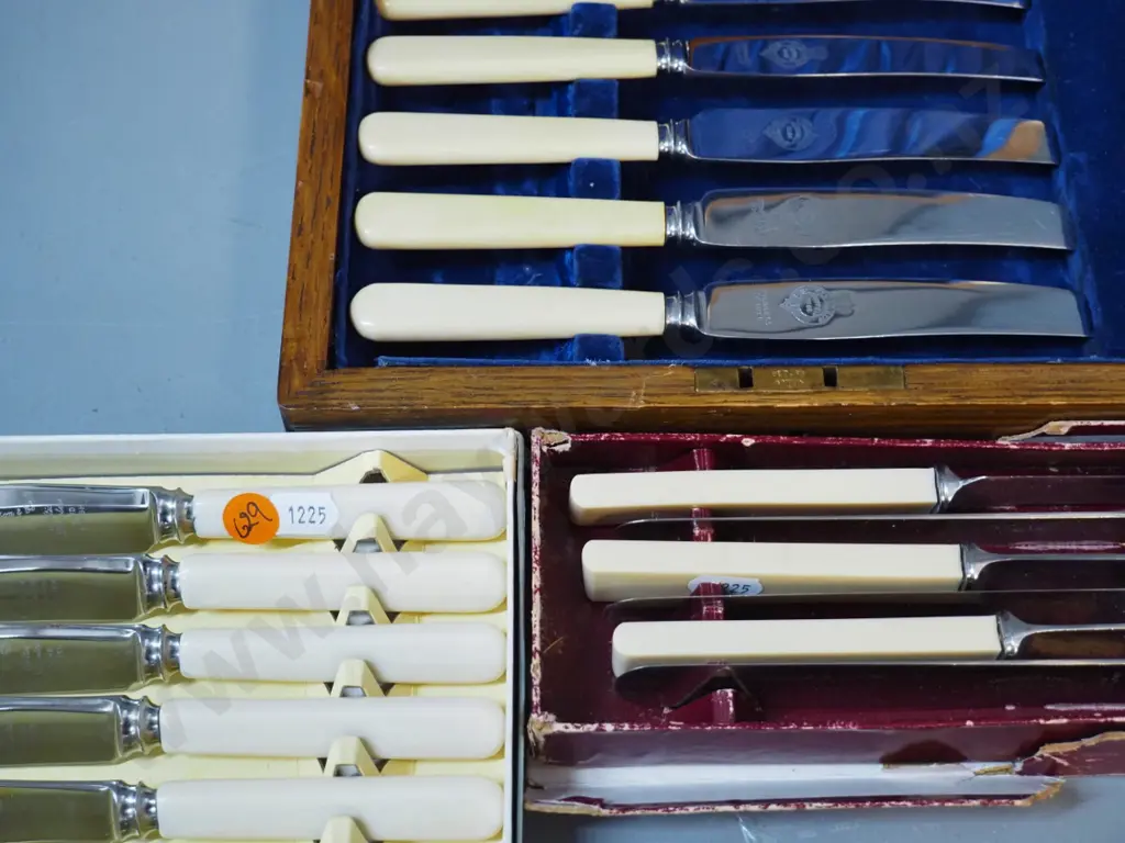 3 sets bone and/or faux bone handled knives, one in wooden box, one with square handles Image 1++
