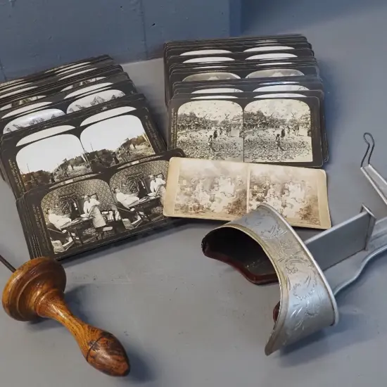 HC White "Perfecscope" stereoscope, assorted stereo cards - international scenes - and vintage receipt holder with