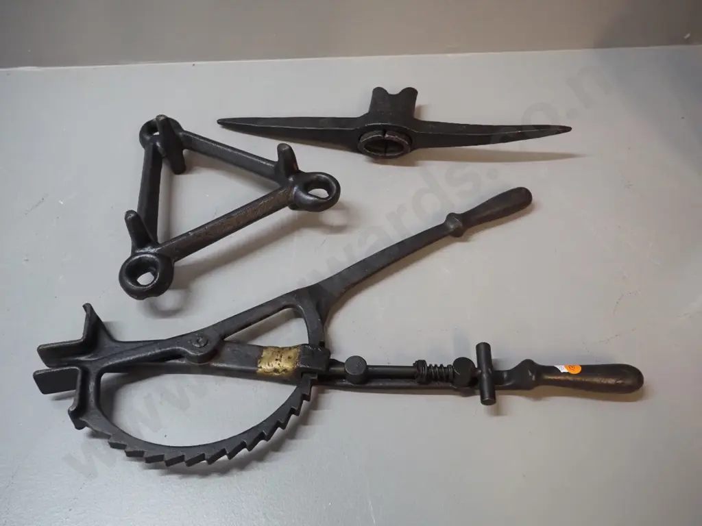 3 vintage cast iron items - Hardy Pick 'Universal' pick-axe head, ratchet spring loaded spreader L530 & triangular item Image 1++