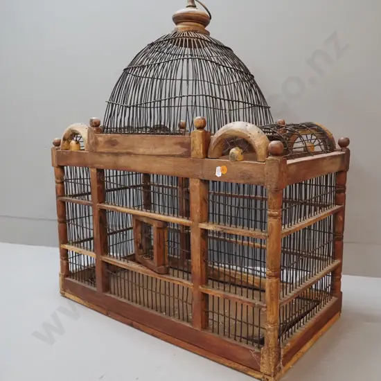 large asian timber and metal bird cage H730 W640 D330