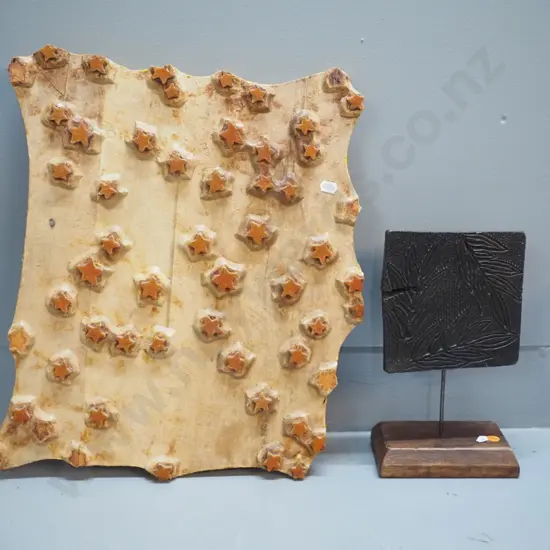 2 fabric pattern stamps - large star pattern on solid wood block L450 W350 & smaller carved piece on display stand H270