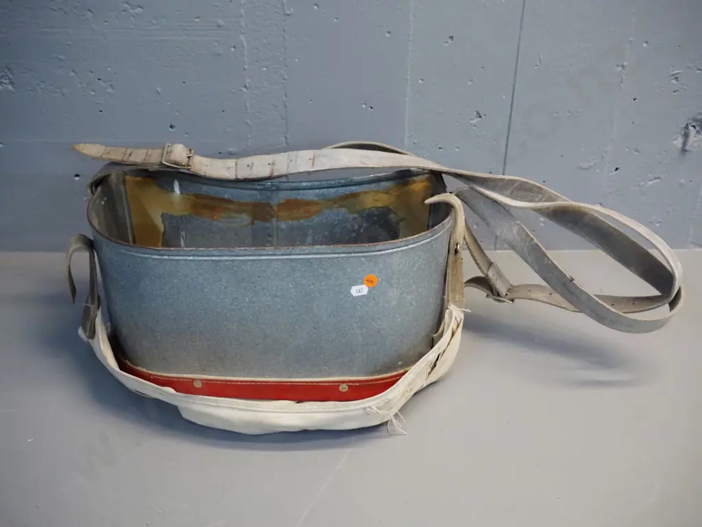 tin and canvas fruit pickers basket with leather strap - wear and tear - bin H190 W410 Image 1++