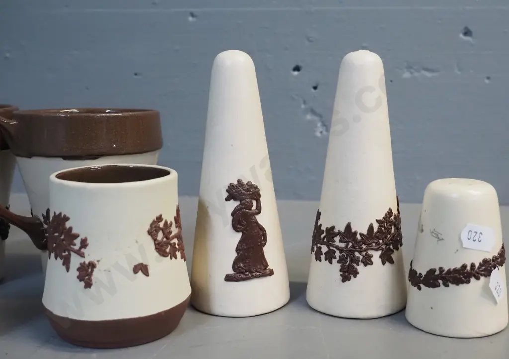 Te Rona / Lovatt NZ pottery items - 7 jasperware style mugs, condiments etc & Te Rona salt & pepper - some loss of Image 1++