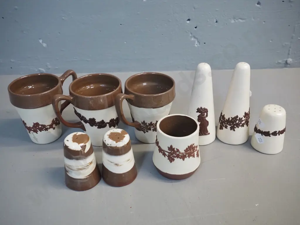 Te Rona / Lovatt NZ pottery items - 7 jasperware style mugs, condiments etc & Te Rona salt & pepper - some loss of Image 1++