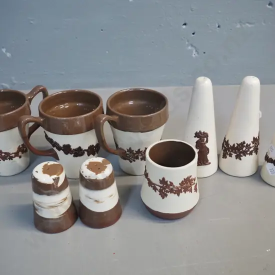 Te Rona / Lovatt NZ pottery items - 7 jasperware style mugs, condiments etc & Te Rona salt & pepper - some loss of