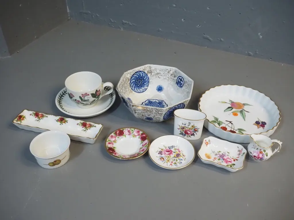 assorted English china - Portmeirion Botanic Garden cup & saucer, Royal Worcester flan dish, Royal Albert mint dish, etc Image 1++