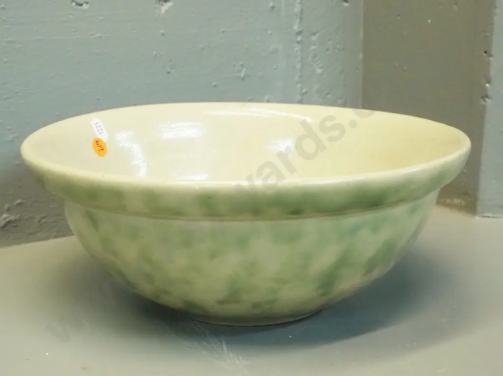 vintage Timaru pottery mixing bowl with green stipple glaze H110 D275 Image 1++