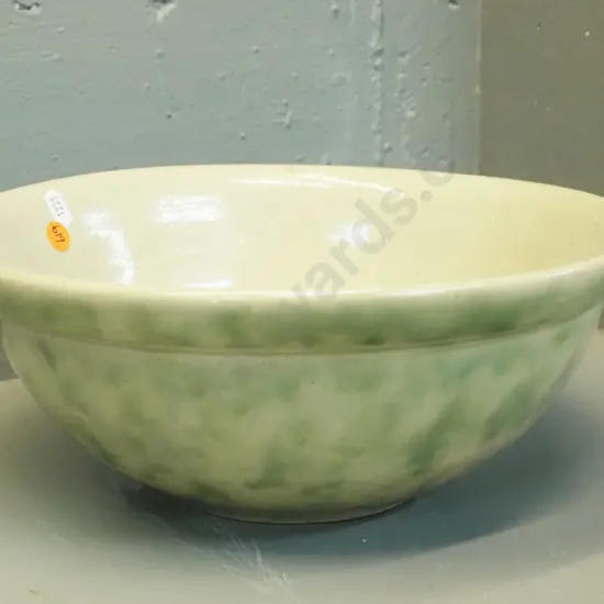vintage Timaru pottery mixing bowl with green stipple glaze H110 D275