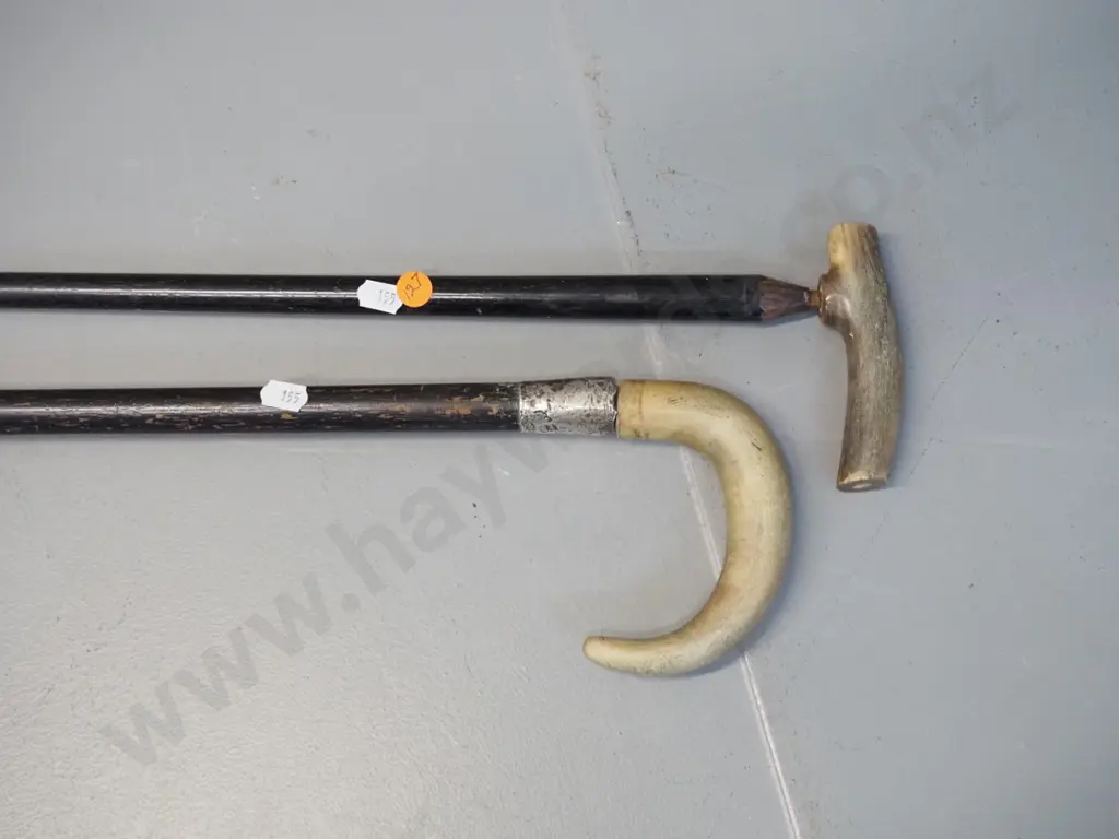 2 vintage walking sticks - one with bone handle and sterling band in rough condition, other horn-handled L-900 Image 1++