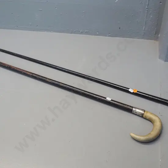 2 vintage walking sticks - one with bone handle and sterling band in rough condition, other horn-handled L-900