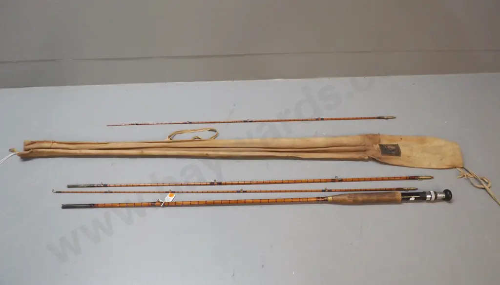 vintage G. Allcock English 3-piece split-cane fishing rod, w/canvas sleeve, spare end section with tip broken off Image 1++