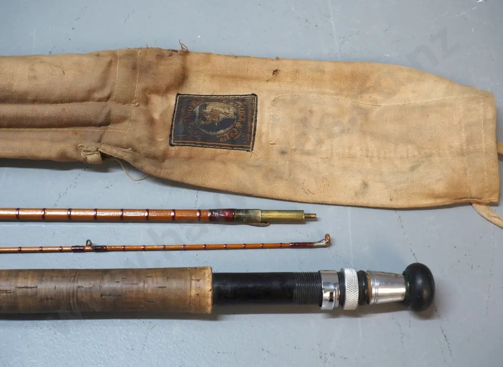 vintage G. Allcock English 3-piece split-cane fishing rod, w/canvas sleeve, spare end section with tip broken off Image 1++