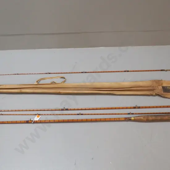 vintage G. Allcock English 3-piece split-cane fishing rod, w/canvas sleeve, spare end section with tip broken off