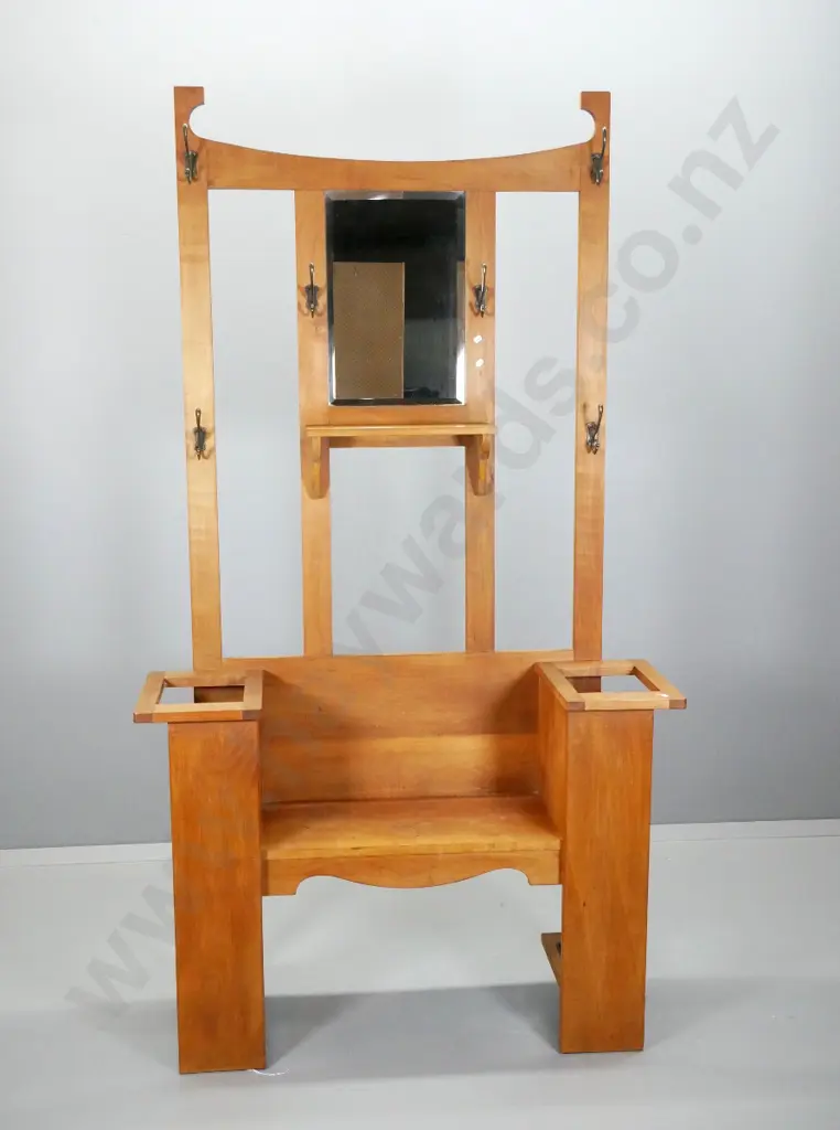deco kauri hall stand with seat, bevelled mirror, coat hooks & 2 umbrella holders w/ tin trays H1990 W1100 D340 Image 1++