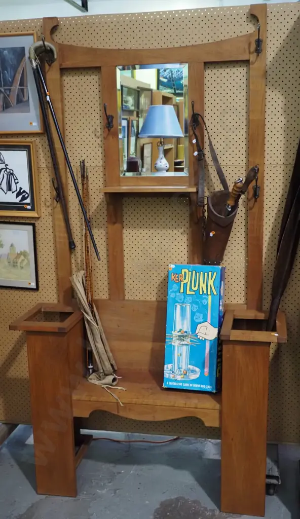 deco kauri hall stand with seat, bevelled mirror, coat hooks & 2 umbrella holders w/ tin trays H1990 W1100 D340 Image 1++