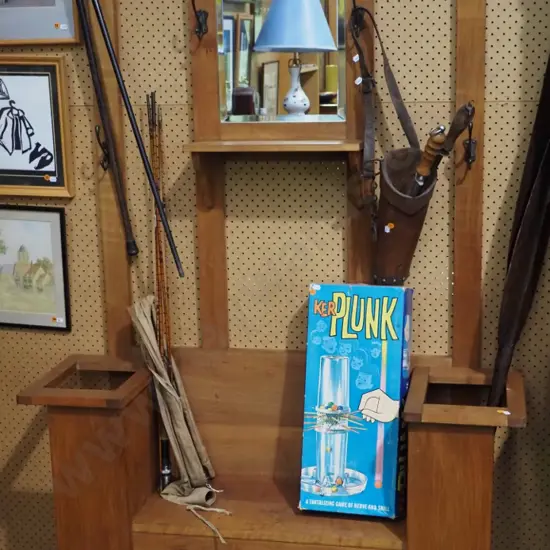 deco kauri hall stand with seat, bevelled mirror, coat hooks & 2 umbrella holders w/ tin trays H1990 W1100 D340