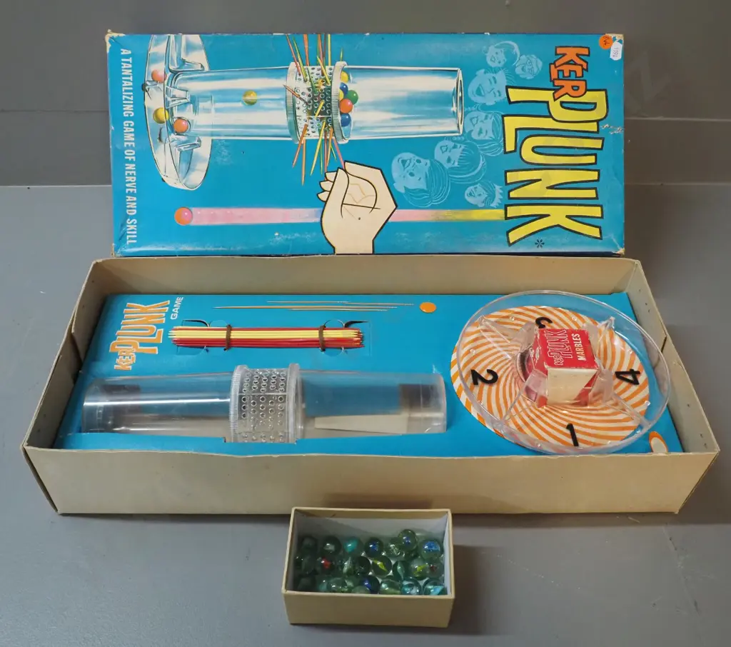 retro Kerplunk game with box, non-original marbles - some wear & tear to box Image 1++