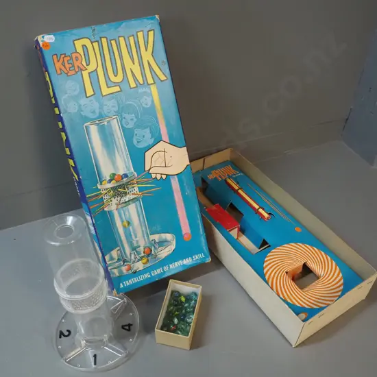 retro Kerplunk game with box, non-original marbles - some wear & tear to box