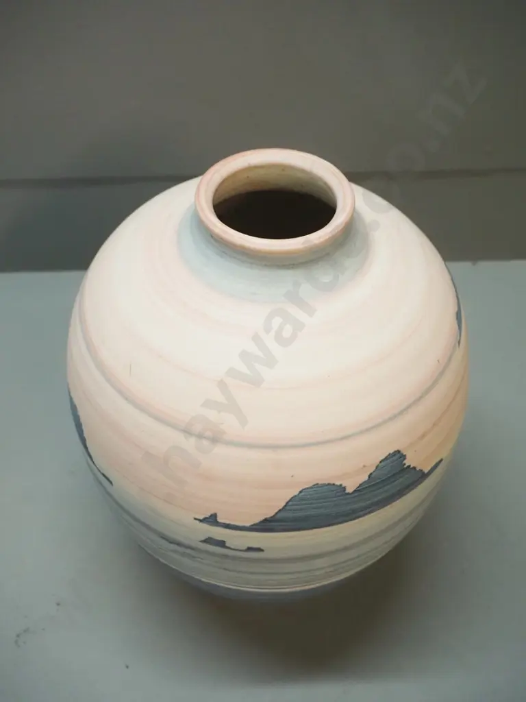 New Zealand studio pottery vase with pink and blue seascape design H-300 D-220 Image 1++