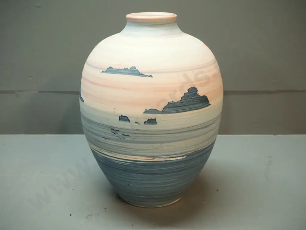New Zealand studio pottery vase with pink and blue seascape design H-300 D-220 Image 1++