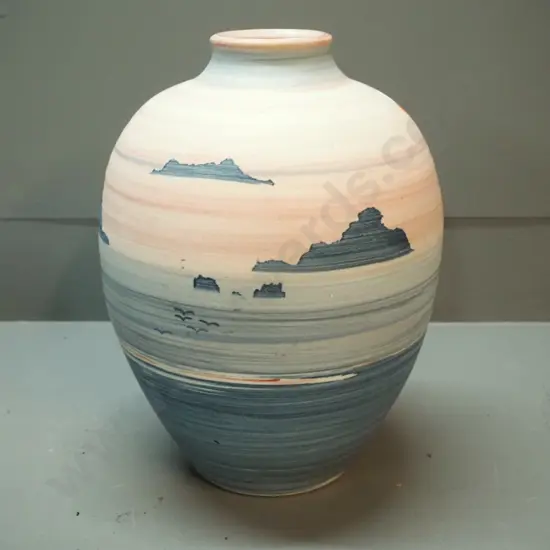 New Zealand studio pottery vase with pink and blue seascape design H-300 D-220