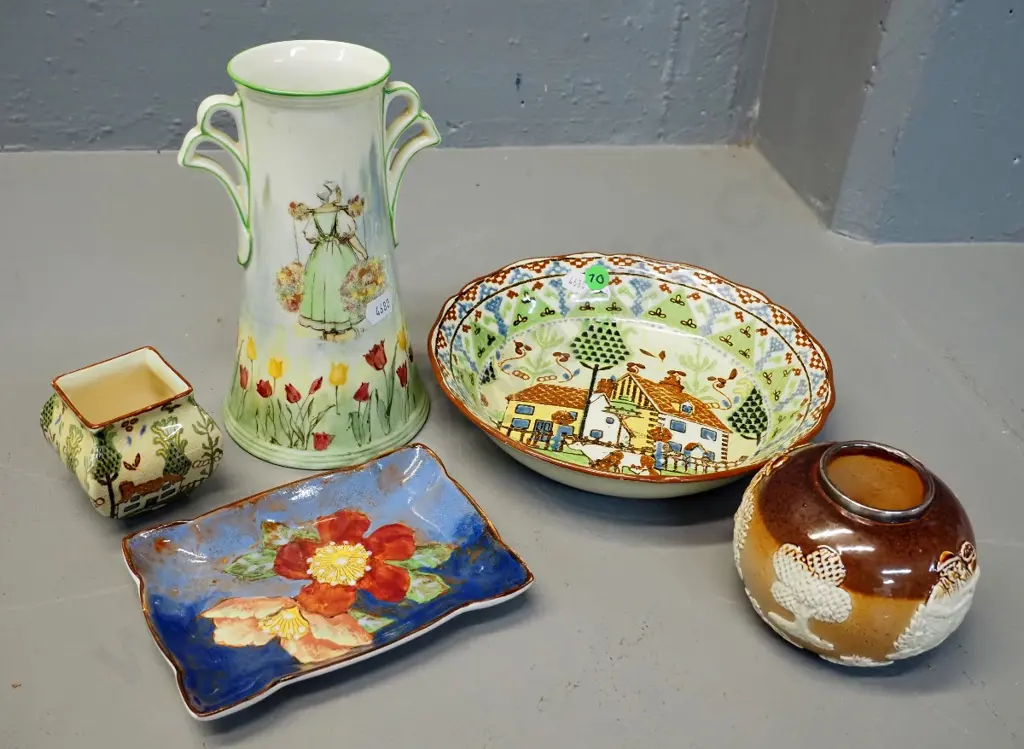5 pieces Royal Doulton china - 2 "Sampler" pattern, Dutch girl vase, floral pin dish, Burslem candlestick Image 1++