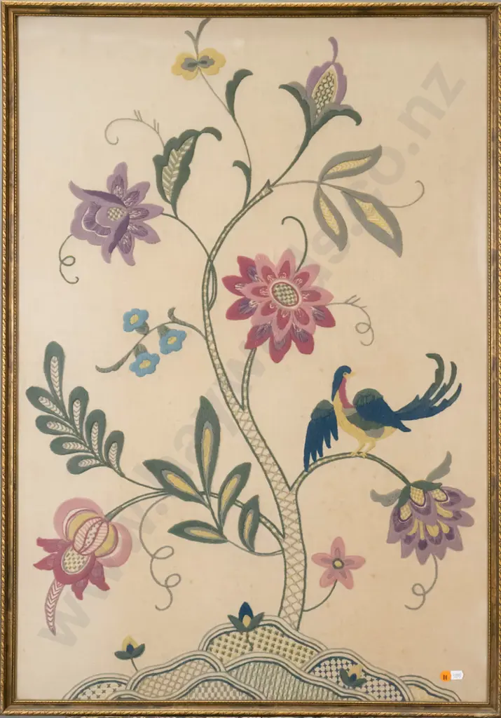 framed vintage needlework on linen H-860 W-600 (age marks to linen) Image 1++