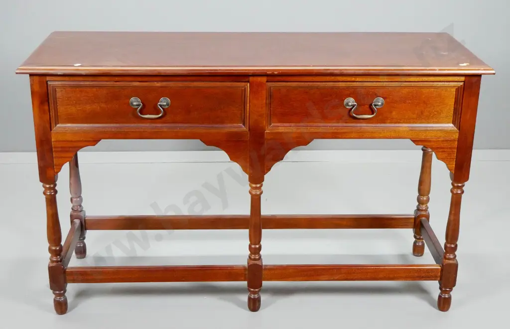 mahogany traditional style hall table w/2 drawers, drop handles, turned stretcher base, polish needs work H740 W1190 Image 1++