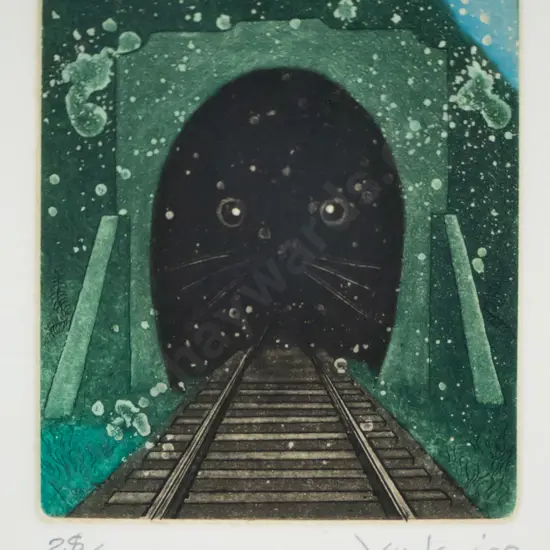 Tricker 90 - framed ltd print 28/50 "Cats eyes in tunnel" H-70 W-60 (slight foxing)