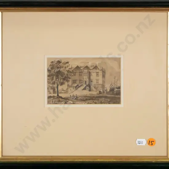 framed watercolour - large country house H-80 W-120