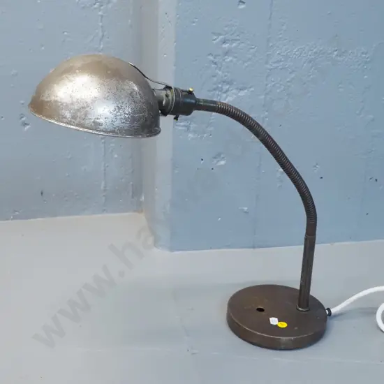 vintage industrial style goose-neck desk or work lamp - pitting and finish loss. Shade D-155, height as photographed 440