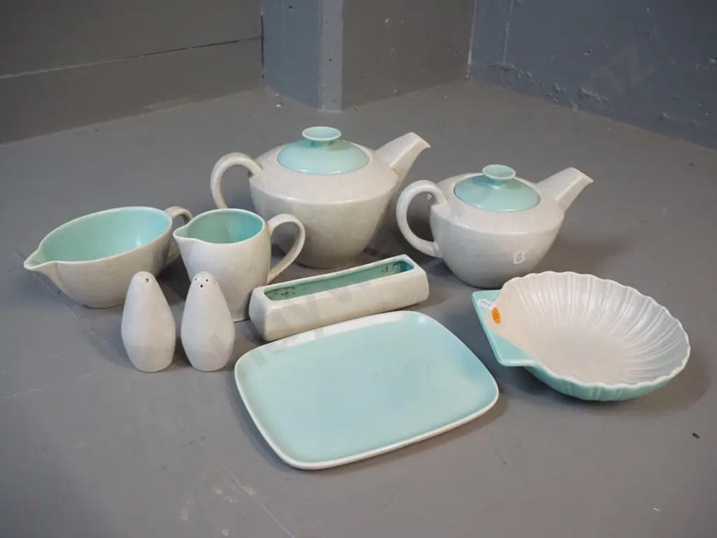 Poole seagull and teal items - 2 teapots, sauce boat, milk jug, salt & pepper, shell dish etc. Image 1++