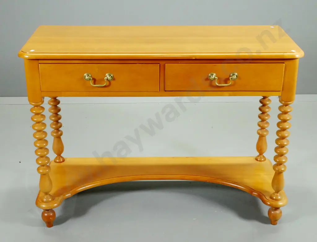 reproduction kauri hall table with 2 drawers w/ brass handles, cotton-reel legs, lower shelf H760 W1030 D430 Image 1++