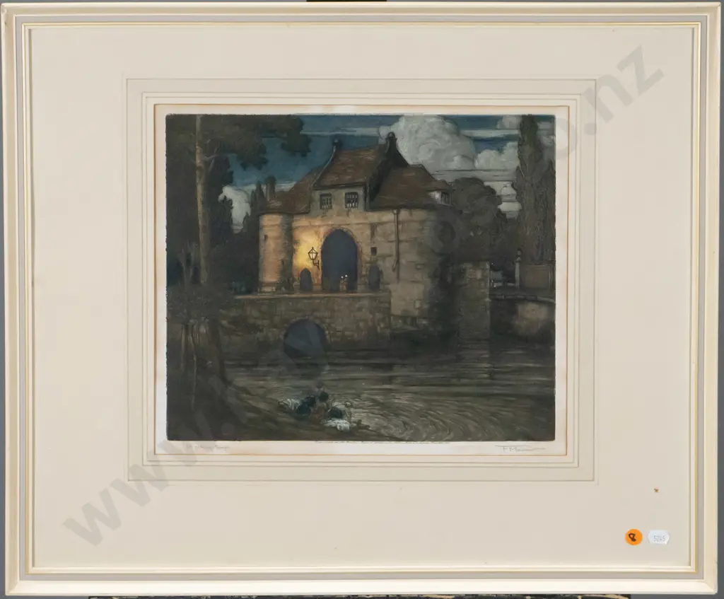 F Marrinott - framed mezzotint "Old Gateway Bridges" H-270 W-310 Image 1++