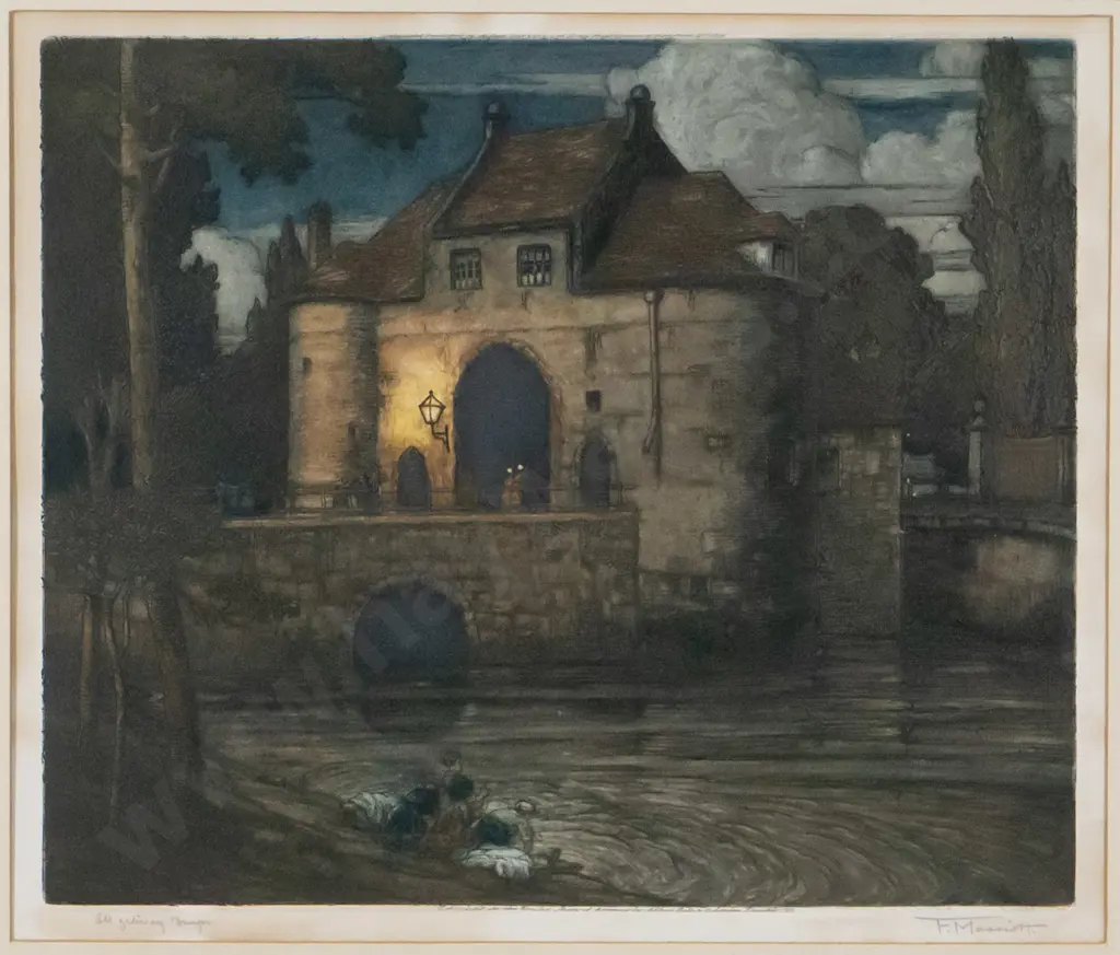 F Marrinott - framed mezzotint "Old Gateway Bridges" H-270 W-310 Image 1++