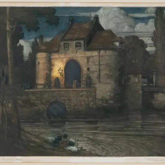 F Marrinott - framed mezzotint "Old Gateway Bridges" H-270 W-310