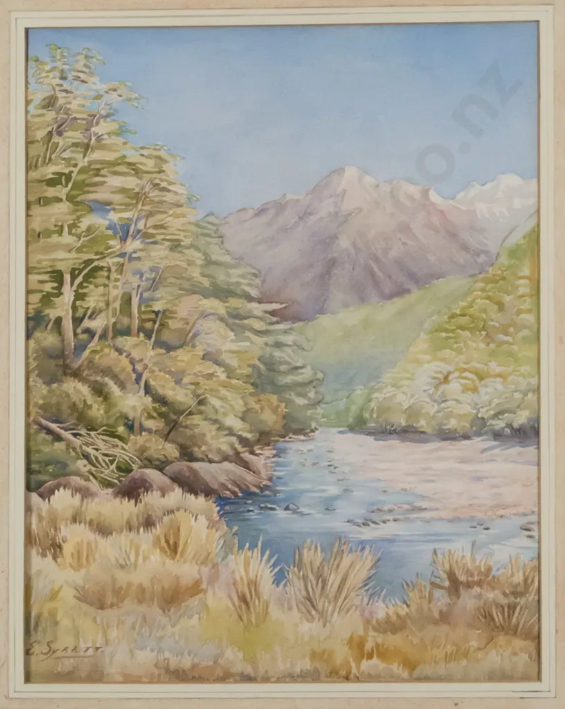 E Syrett - framed watercolour - river & mountain scene H-400 W-310 Image 1++