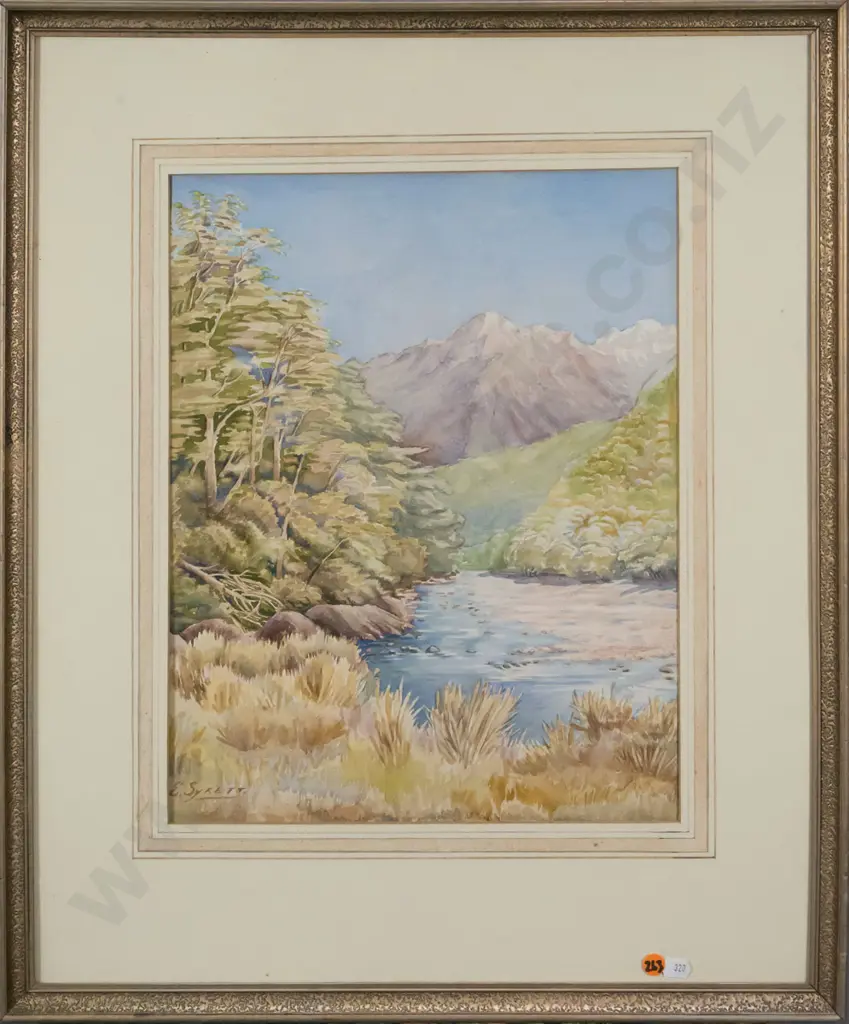 E Syrett - framed watercolour - river & mountain scene H-400 W-310 Image 1++