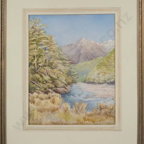 E Syrett - framed watercolour - river & mountain scene H-400 W-310