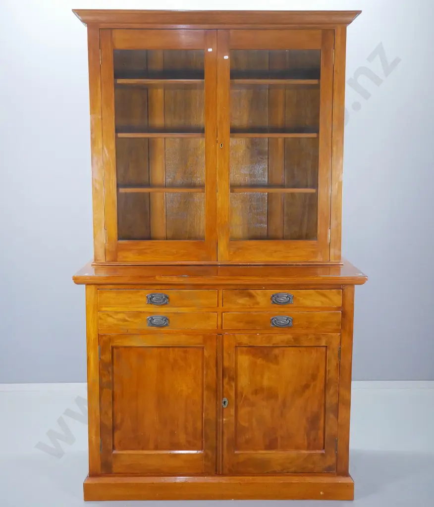 vintage kauri sideboard w/ separate glazed bookcase top - 4 small drawers, 2 doors in base, H2130 W1245 D580 Image 1++