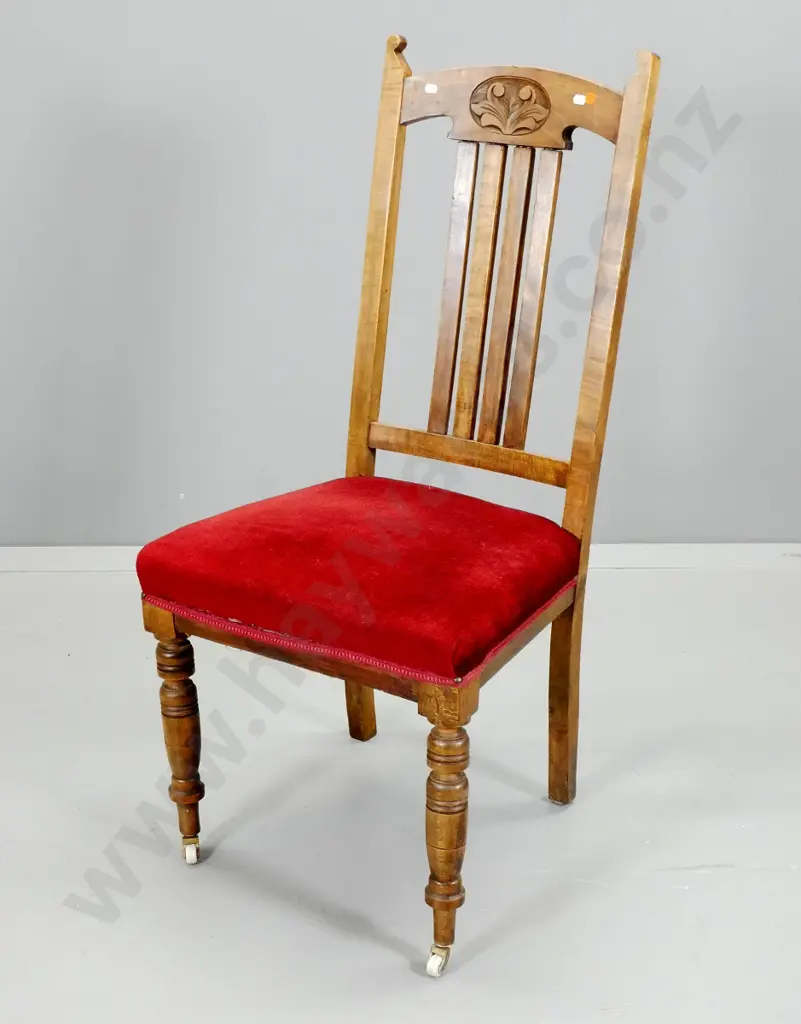 Edwardian mixed timber high-back dining chair w/ carved top rail, original casters, red velvet seat - loose joints in Image 1++