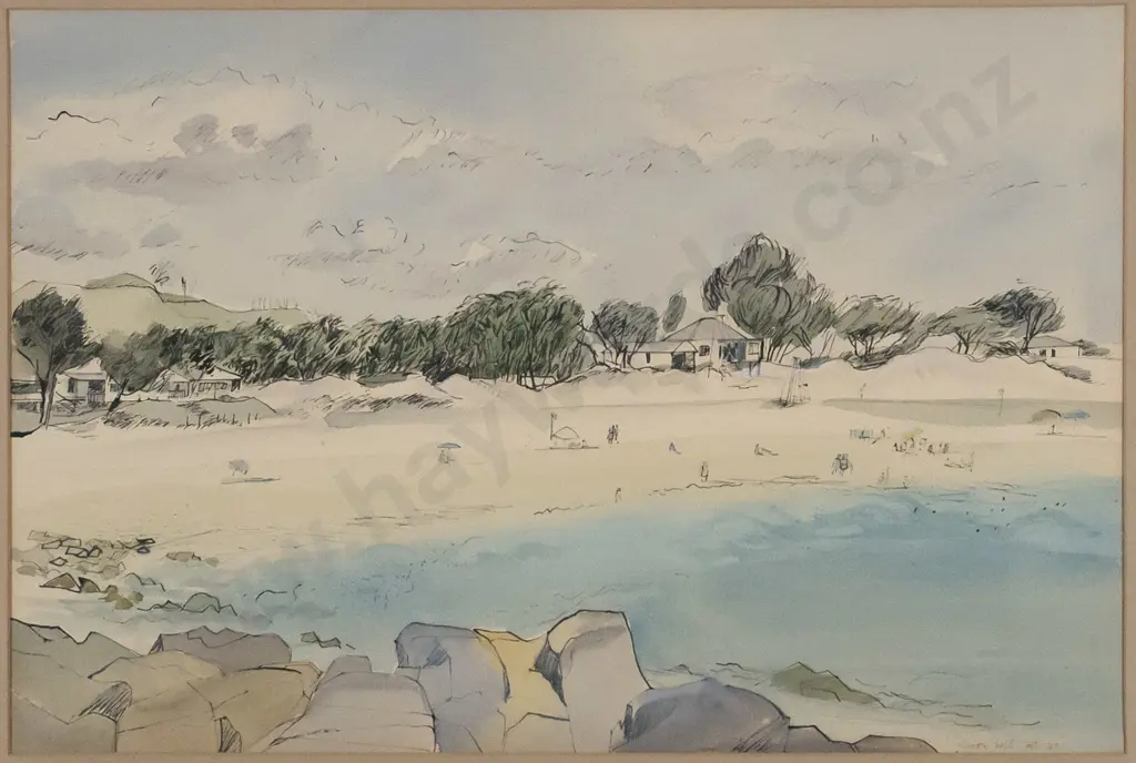 Alison Austin - framed watercolour and ink "Beach" H-290 W-440 Image 1++