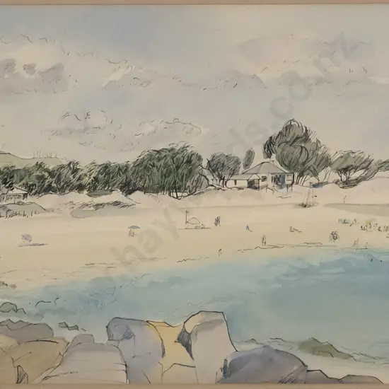 Alison Austin - framed watercolour and ink "Beach" H-290 W-440