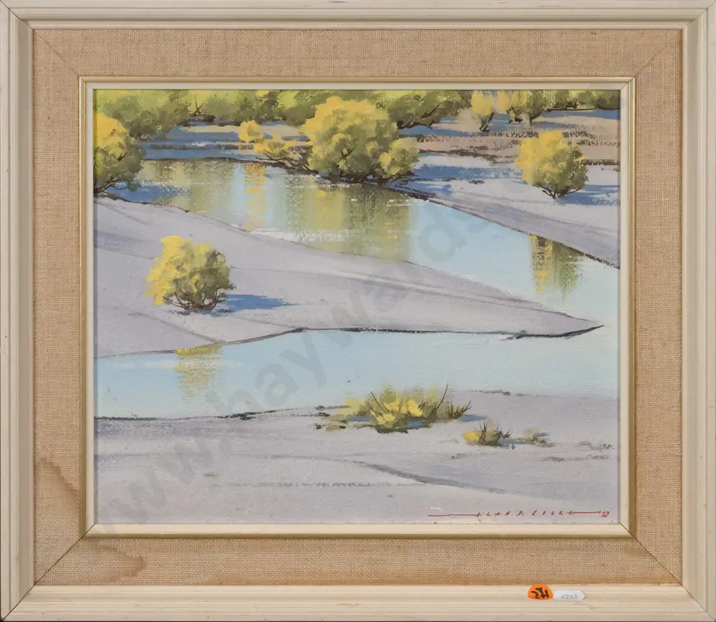 Alan D Cooke '72 - framed oil "March Reflections Lower Shotover River Lake Wakatipu Area" Image 1++