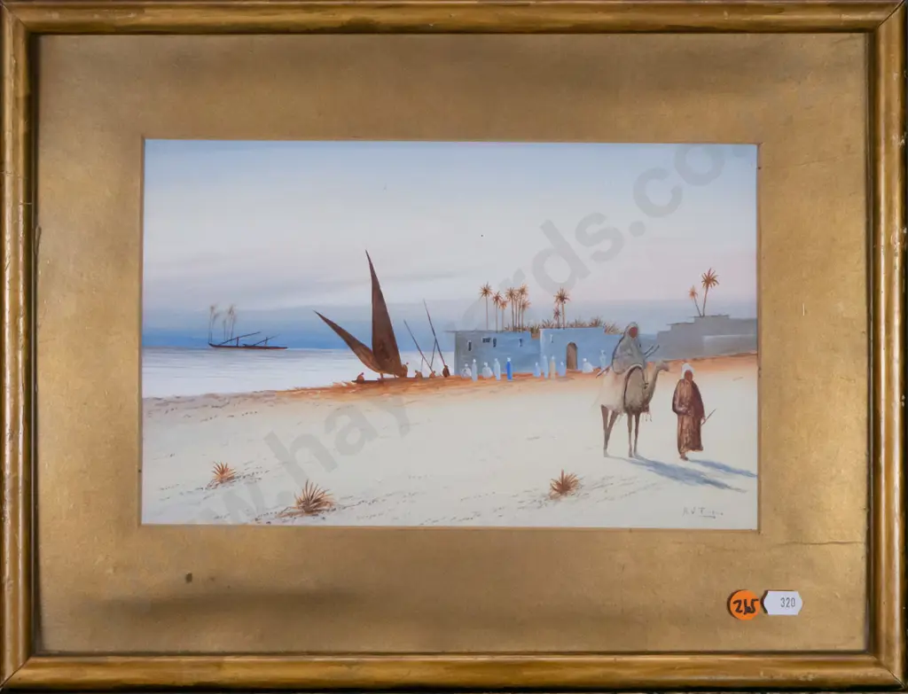 framed watercolour - middle eastern beach scene H-180 W-280 (frame needs attention) Image 1++