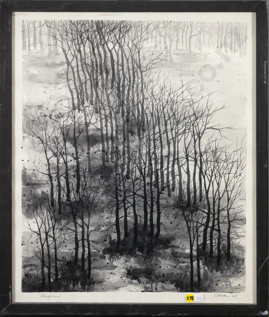 illegible signature 1979 - framed screenprint - trees H-440 W-360 Image 1++
