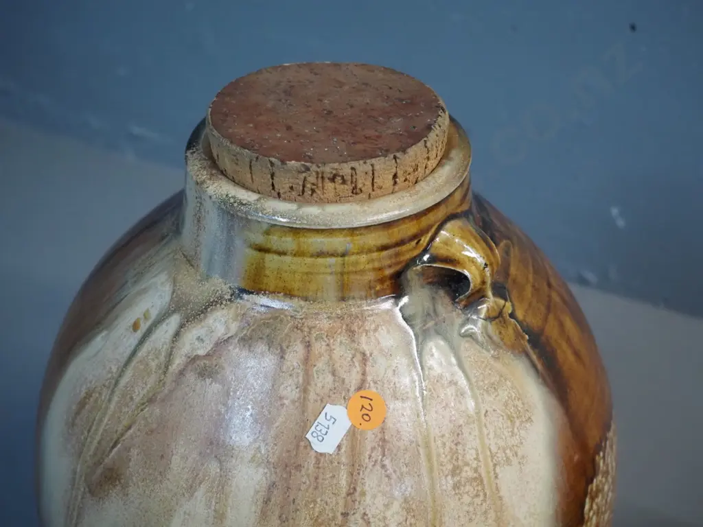 stoneware storage containers - large one with cork stopper, no maker's mark, H370 and smaller ewer jugs marked PW Image 1++