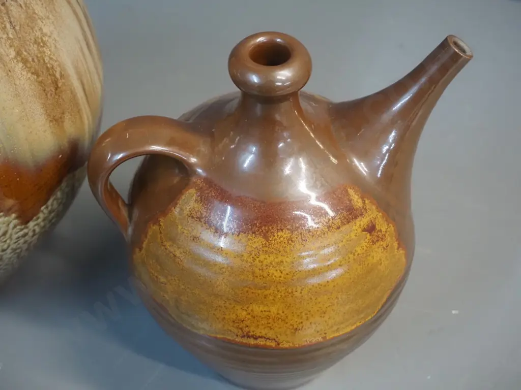 stoneware storage containers - large one with cork stopper, no maker's mark, H370 and smaller ewer jugs marked PW Image 1++