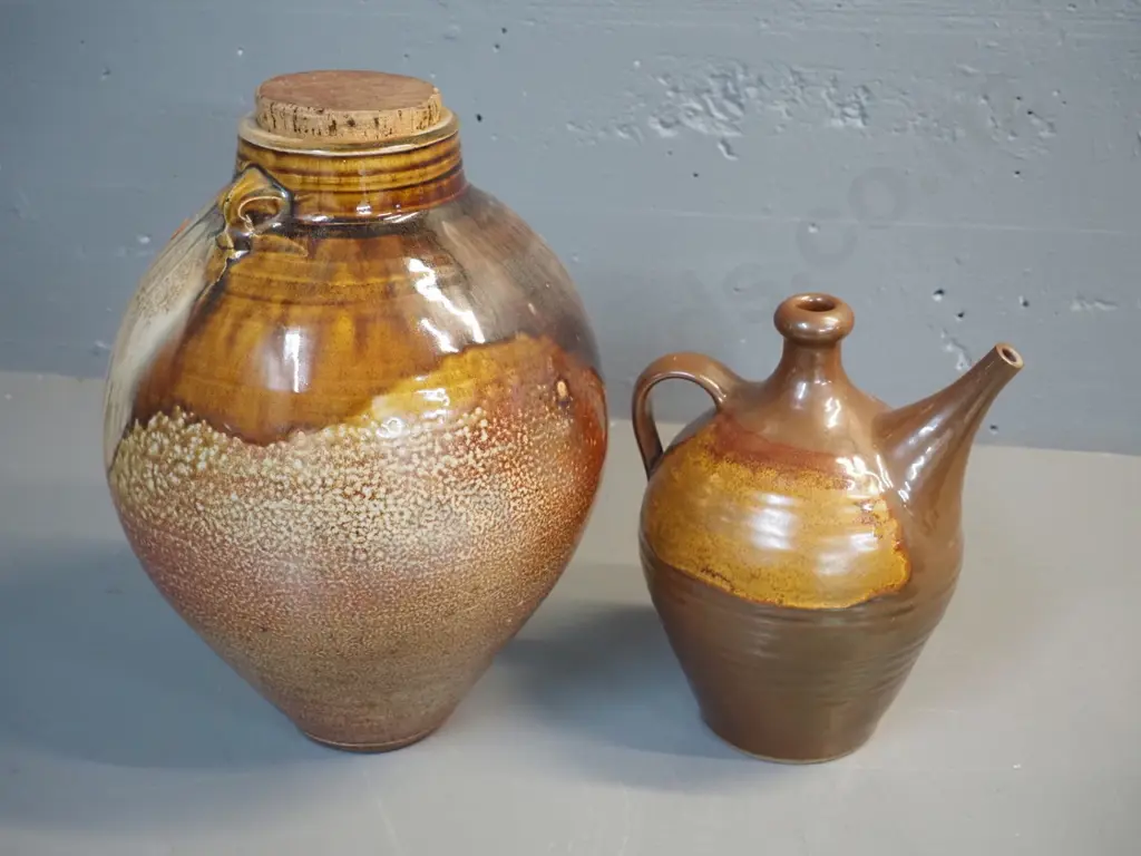 stoneware storage containers - large one with cork stopper, no maker's mark, H370 and smaller ewer jugs marked PW Image 1++
