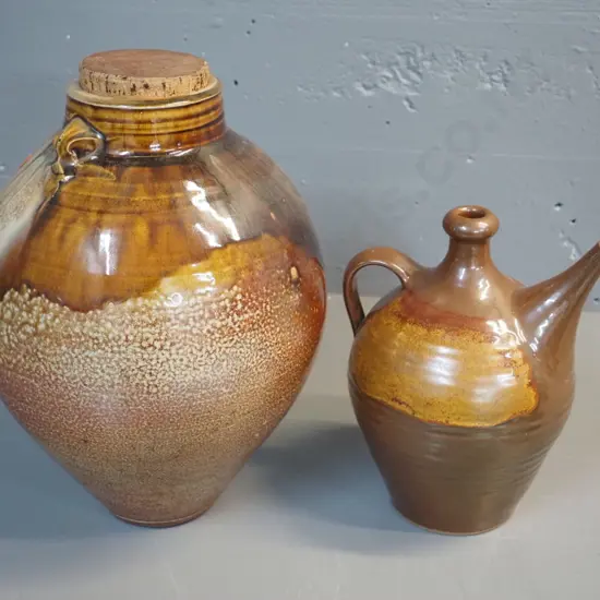 stoneware storage containers - large one with cork stopper, no maker's mark, H370 and smaller ewer jugs marked PW